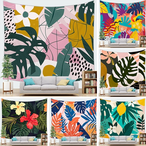 Tropical Monstera Palm Leaf Tapestry Wall Hanging Botanical Floral Abstract Art Fabric Backdrop For Living Room Bedroom Decor