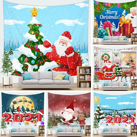 Christmas Santa Claus Tree Wall Hanging Tapestry Peach Skin Velvet Winter Snow Scene Home Decoration Background Cloth
