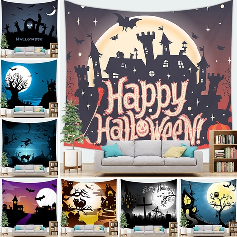 Halloween Thema Wandtapijt Polyester 3D Print Kasteel Pompoen Vleermuis Wanddecoratie Achtergrond Voor Thuis Woonkamer Feest Decoratie