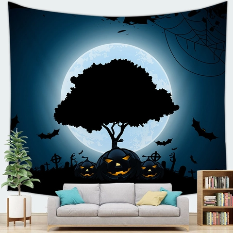 Halloween Tapestry Wall Hanging Polyester Pumpkin Ghost Castle Witch For Living Room Bedroom Party Home Decor