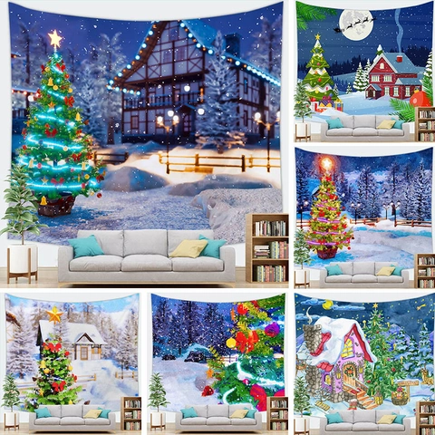 Christmas Tree Tapestry Wall Hanging Polyester Fabric Snow Cabin 3D Print Festive Background Cloth Home Decor
