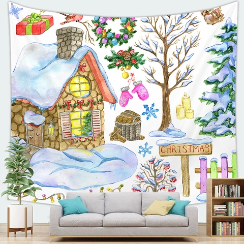 Christmas Tree Tapestry Wall Hanging Polyester Fabric Snow Cabin 3D Print Festive Background Cloth Home Decor