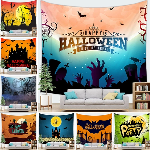 Tapiz De Pared De Halloween Poliéster Piel De Melocotón Terciopelo Silueta Calabaza Castillo Murciélago Decoración Fiesta