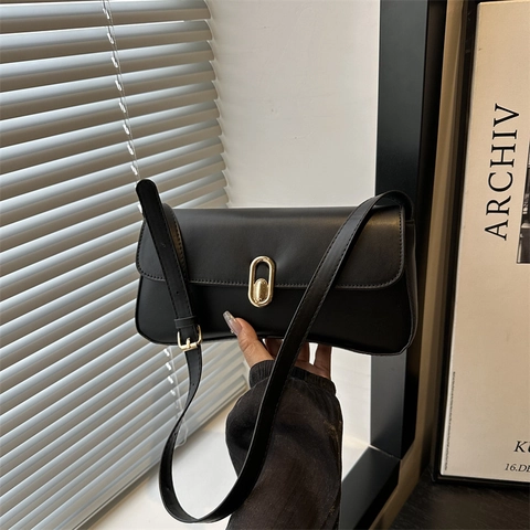 Französischer Stil Retro Einfarbig PU Leder Unterarmtasche Für Damen Mode Vielseitige Schultertasche Mit Metallo-Schloss Handtasche