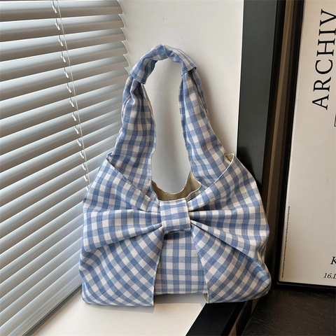 Dames Casual Gingham Grote Strik Schoudertas Koreaanse Stijl Lichtgewicht Canvas Tote Boodschappentas Voor Dagelijks Gebruik