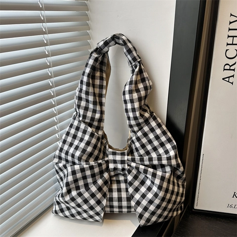 Borsa Tote in Tela Gingham Donna Grande Capacità Dolce Fiocco Borsa a Tracolla Minimalista Estetica Shopping Bag Giornaliera