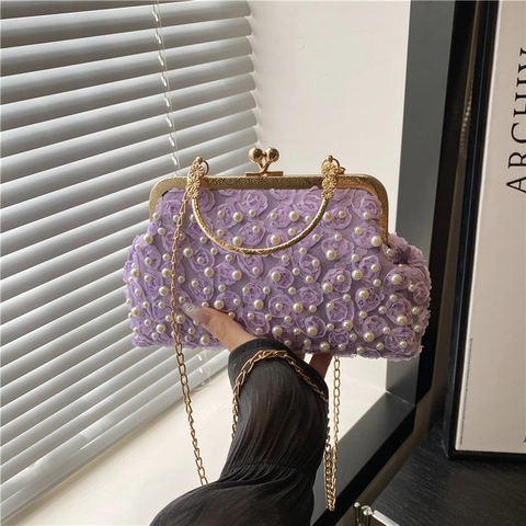 French Retro Artificial Pearl Lace Evening Bag With 3D Floral Decoration Metal Kiss Lock Chain Shoulder Bag Elegant Women Party Clutch
