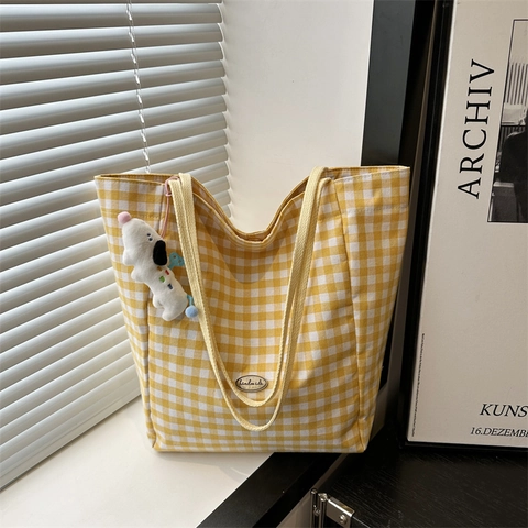 Gingham Grid Canvas Tote Bag Grote Capaciteit Oxford Doek Schoudertas Met Pluche Hond Bedeltje Voor Vrouwen Dagelijks Woon-werkverkeer Handtas