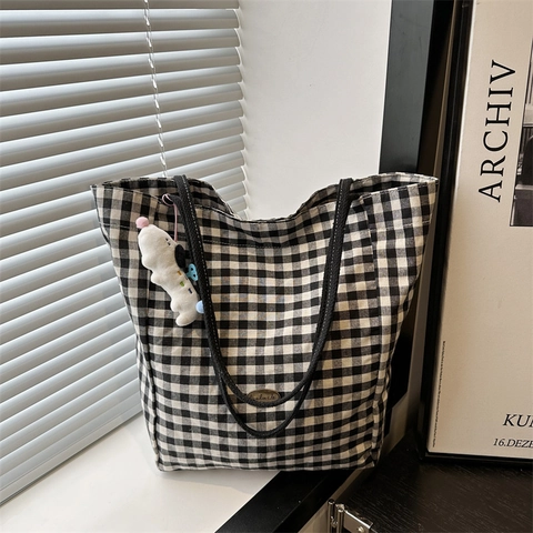 Gingham Grid Canvas Tote Bag Grote Capaciteit Oxford Doek Schoudertas Met Pluche Hond Bedeltje Voor Vrouwen Dagelijks Woon-werkverkeer Handtas