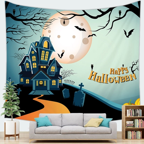 Halloween Tapestry Spooky Ghost Pumpkin Castle Witch Silhouette Wall Hanging Polyester Fabric Backdrop For Home Party Decor