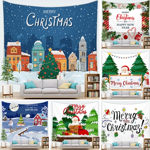 Tapisserie de Noël Père Noël Dessin Animé Tenture Murale en Polyester Décoration de Fête Bonhomme de Neige Sapin de Noël Maison