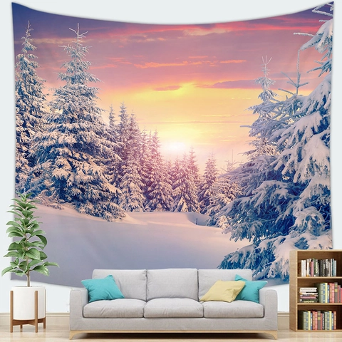 Arazzo Di Natale Da Parete Poliestere Scena Di Neve Invernale Babbo Natale Renna Foresta Paesaggio Decorazione