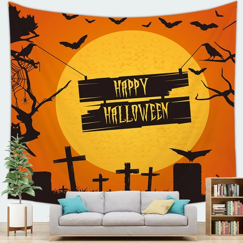 Tapiz De Pared De Halloween Poliéster Piel De Melocotón Terciopelo Silueta Calabaza Castillo Murciélago Decoración Fiesta