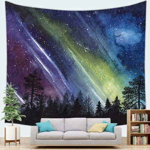 Tapiz De Pared Aurora Boreal Cielo Estrellado Poliéster Impresión 3D Paisaje De Bosque De Montaña Nevada Decoración