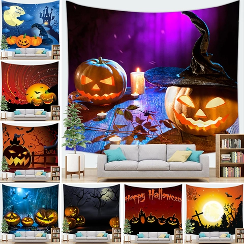 Halloween Wandtapijt Pompoen Heks Kasteel Maan Vleermuis Print Polyester Achtergrond Voor Woonkamer Slaapkamer Feest Decoratie