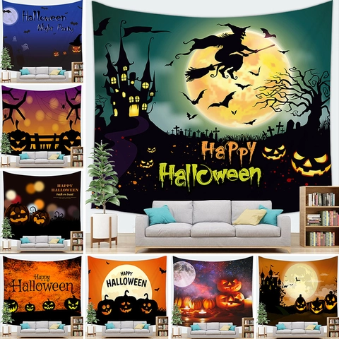 Tapiz De Halloween Colgante De Pared Poliéster Calabaza Bruja Castillo Fantasma Fondo Para Decoración De Fiesta Casa