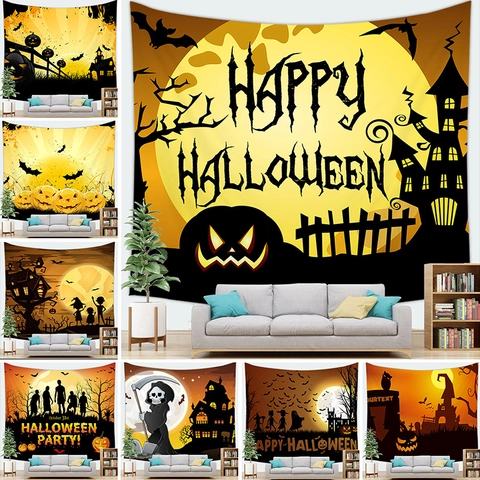 Halloween Tapestry Wall Hanging Polyester Fabric Ghost Pumpkin Bat Castle Pattern Party Backdrop For Home Living Room Bedroom Decor