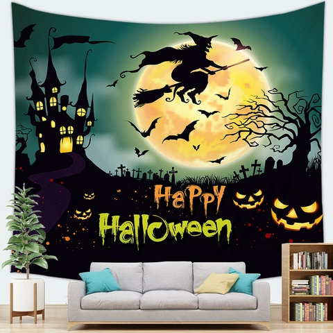 Tapiz De Halloween Colgante De Pared Poliéster Calabaza Bruja Castillo Fantasma Fondo Para Decoración De Fiesta Casa