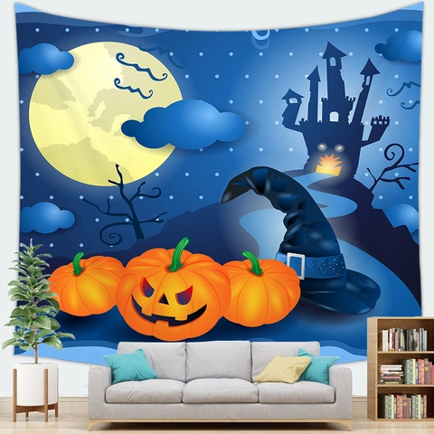 Halloween Wandtapijt Pompoen Heks Kasteel Maan Vleermuis Print Polyester Achtergrond Voor Woonkamer Slaapkamer Feest Decoratie