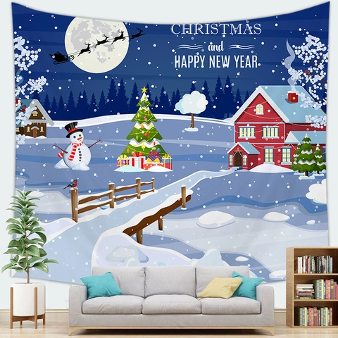 Tapisserie de Noël Père Noël Dessin Animé Tenture Murale en Polyester Décoration de Fête Bonhomme de Neige Sapin de Noël Maison