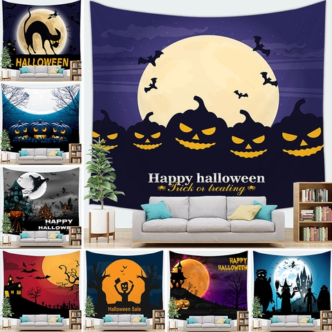 Tapisserie d'Halloween Murale Motif Fantôme Citrouille Château Chauve-souris Tissu Polyester Décoration de Fête Maison