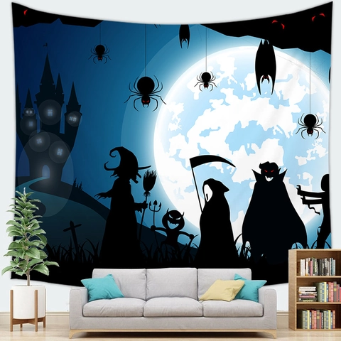 Tapisserie d'Halloween Murale Motif Fantôme Citrouille Château Chauve-souris Tissu Polyester Décoration de Fête Maison