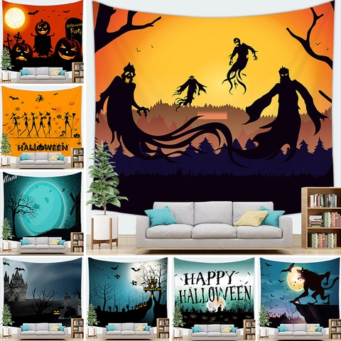Halloween Tapestry Spooky Ghost Pumpkin Castle Witch Silhouette Wall Hanging Polyester Fabric Backdrop For Home Party Decor