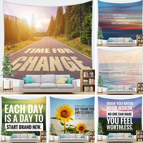 Tapisserie en Polyester Impression Paysage Citation Inspirante Suspension Murale Pour Salon Chambre Décoration Minimaliste Moderne