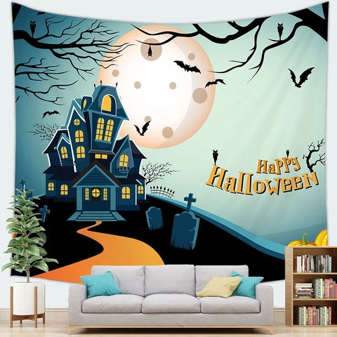Halloween Tapestry Spooky Ghost Pumpkin Castle Witch Silhouette Wall Hanging Polyester Fabric Backdrop For Home Party Decor