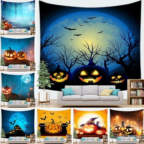 Halloween Pumpkin Head Decorative Tapestry Wall Hanging Black Cat Bat Moon Backdrop For Home Living Room Bedroom Party Decoration