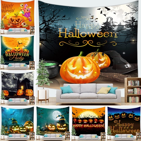 Halloween Wandtapijt Polyester Wanddecoratie Pompoen Geest Vleermuis Kasteel Patroon Griezelig Feestdecoratie Huis