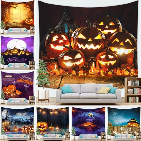 Arazzo di Halloween Appeso a Parete Lanterna di Zucca Foresta Stregata Pipistrello Luna Decorazione Domestica Poliestere Sfondo