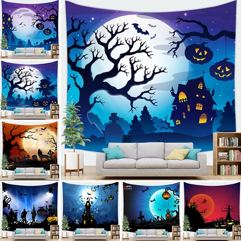 Halloween Tapestry Wall Hanging Polyester Ghost Pumpkin Bat Castle Moon Decor For Living Room Bedroom Party Background