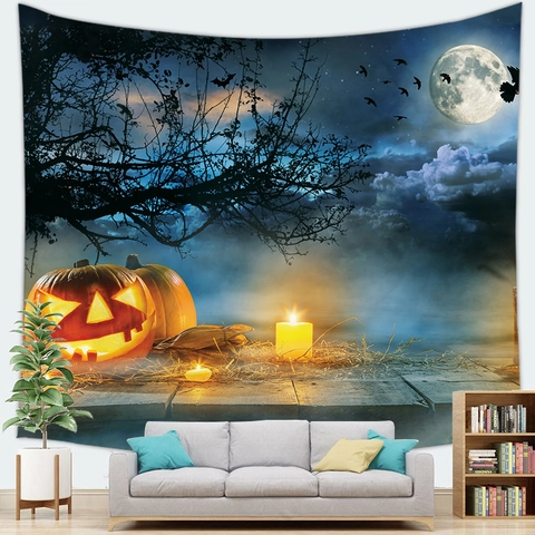 Arazzo di Halloween Appeso a Parete Lanterna di Zucca Foresta Stregata Pipistrello Luna Decorazione Domestica Poliestere Sfondo