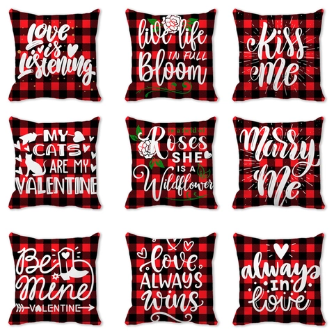 Valentine's Day Buffalo Plaid Pillow Case Polyester Peach Skin Cushion Cover Love Heart Pattern For Sofa Home Decor