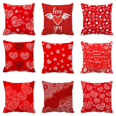 Valentine's Day Decorative Cushion Cover Square Peach Skin Heart Print Romantic Sofa Pillowcase Home Decor