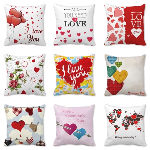 Valentine's Day Heart Pattern Peach Skin Cushion Cover Romantic Rose Flower Letter Print Decorative Throw Pillow Case For Sofa Home Decor