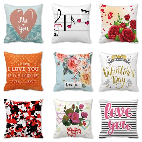Valentine's Day Throw Pillow Cover Romantic Heart Rose Print Linen Peach Skin Decorative Cushion Case For Home Sofa Decor