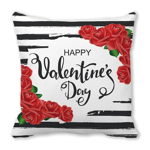 Valentine's Day Throw Pillow Cover Romantic Heart Rose Print Linen Peach Skin Decorative Cushion Case For Home Sofa Decor