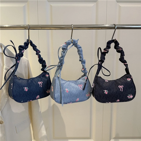 Borsa da Donna in Denim Rosa con Ricamo di Rose e Fiocchi Manico Arricciato Piccola Borsa a Spalla Dolce Borsa Estiva