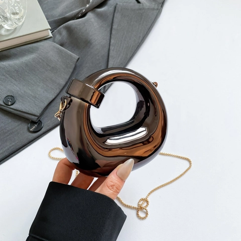 Bolso de Noche de Espejo Metálico con Anillo Hueco Irregular para Mujer Mini Bolso Bandoulière Clutch Cadena de Oro Elegante