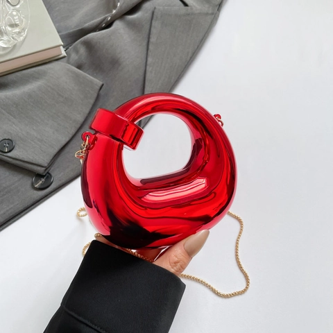 Bolso de Noche de Espejo Metálico con Anillo Hueco Irregular para Mujer Mini Bolso Bandoulière Clutch Cadena de Oro Elegante