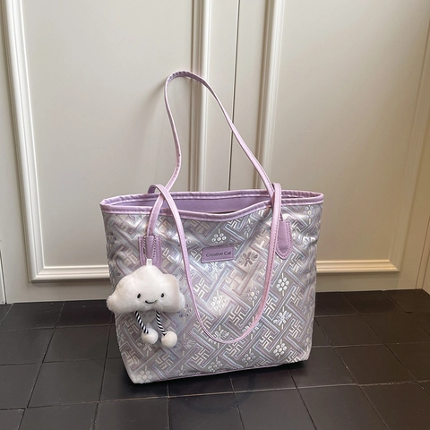 Borsa Tote Jacquard Etnica da Donna Grande Capacità Motivo a Greca Borsa a Tracolla Moda Pendolarismo Con Ciondolo a Nuvola
