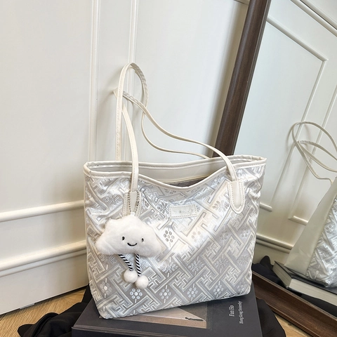 Borsa Tote Jacquard Etnica da Donna Grande Capacità Motivo a Greca Borsa a Tracolla Moda Pendolarismo Con Ciondolo a Nuvola