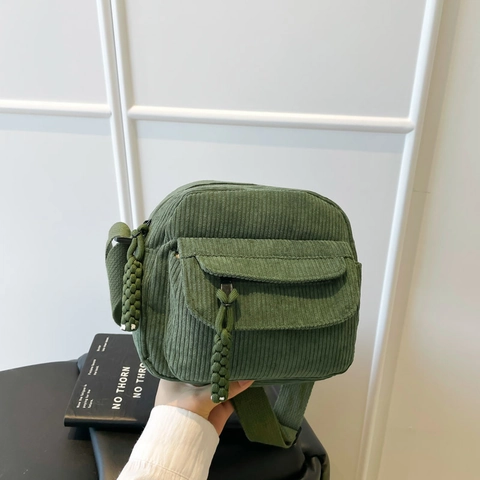 Vintage Corduroy Crossbody Bag For Women Solid Color Casual Small Square Shoulder Bag With Adjustable Strap And Woven Zipper Pull