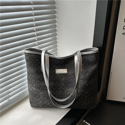 Borsa Tote in Denim da Donna Con Strass Brillantini Grande Capacità Borsa a Spalla Manico in Pelle Argento Moda Borsa