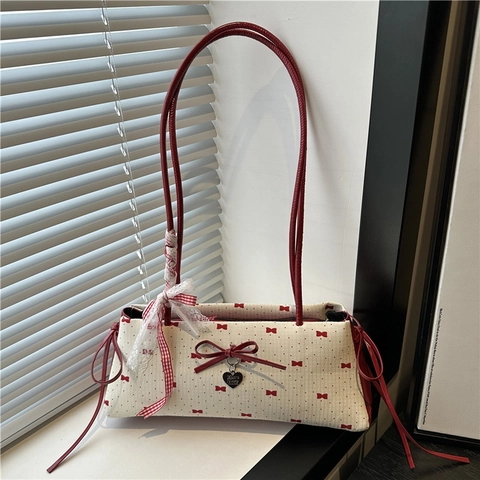 Borsa a Tracolla da Donna Con Fiocco Rosso in Pelle PU Balletcore Pois Ciondolo a Cuore Vintage Girly Borsa a Mano