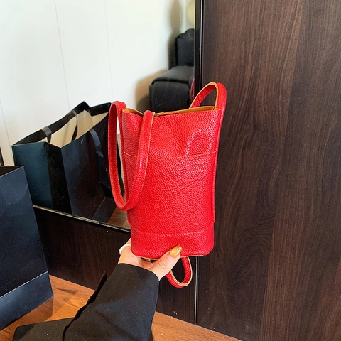 Mini Borsa A Tracolla Borsa Per Telefono Motivo Litchi Pelle PU Morbida Forma Secchiello Versatile Casual Donna Borsa