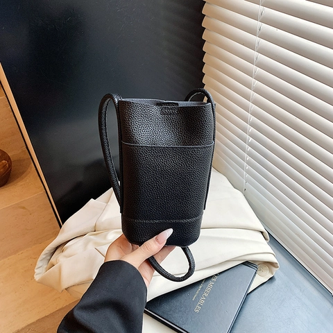 Mini Borsa A Tracolla Borsa Per Telefono Motivo Litchi Pelle PU Morbida Forma Secchiello Versatile Casual Donna Borsa