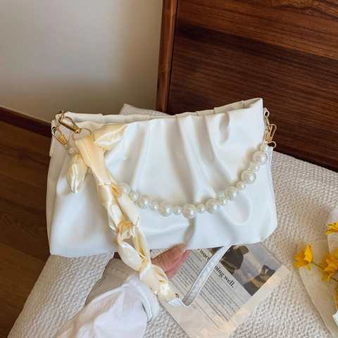 White PU Leather Shoulder Bag Gathered Pleat Cloud Underarm Purse With Artificial Pearl Chain And Satin Scarf For Women Chic
